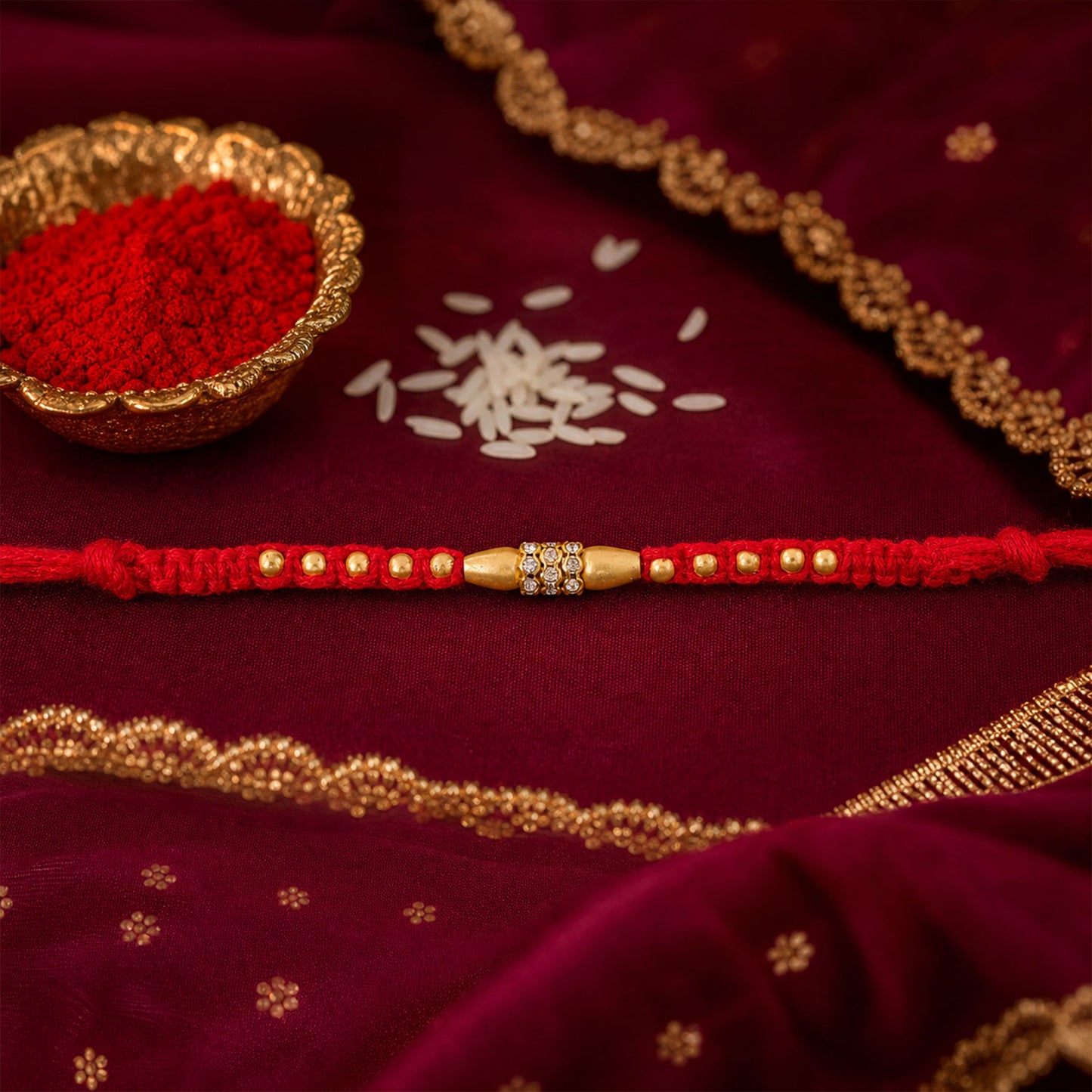 Minimal Red Thread Rakhi with Small Golden Bead Pendant Accents