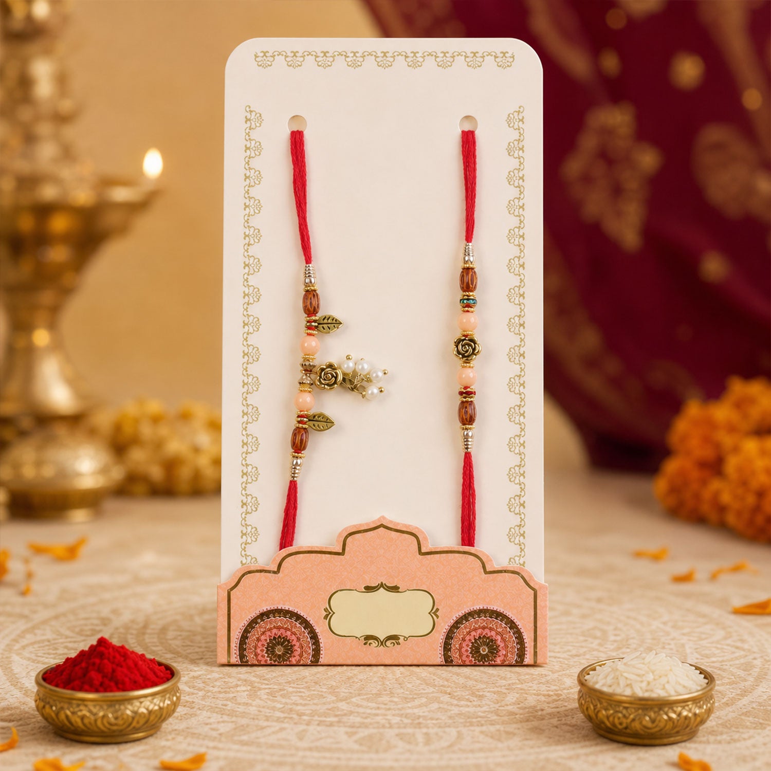 Divine Floral Rose Design Bhai Bhabhi Rakhi with Rose Center and Leaf Charm for Gift