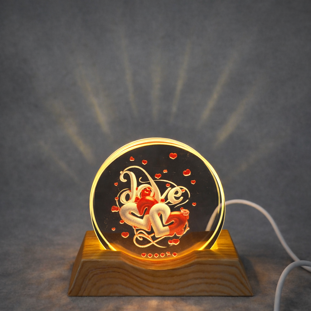 Love Double Heart Acrylic LED Lamp with Wooden Base Romantic Gift Light