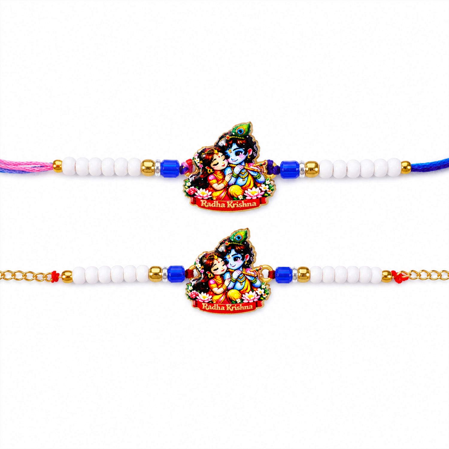Radha Krishna Cartoon Printed Pearl Beads Bhai Bhabhi Rakhi Set