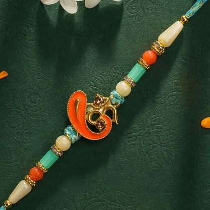 Traditional Rakhi with Om Symbol Charm and leaf detail in thread style for Gift Use