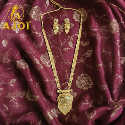 Side view of Temple Long Necklace Set highlighting multi-layered pendant craftsmanship