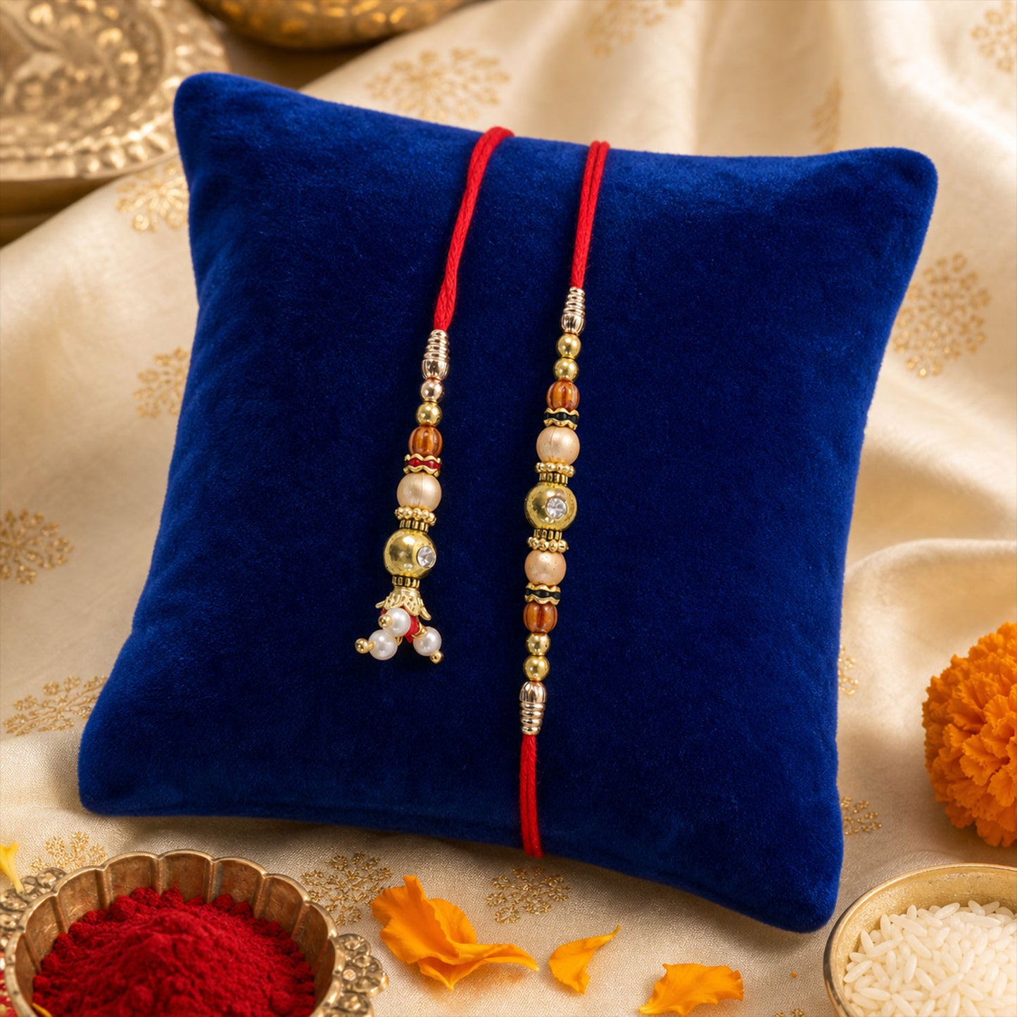 Couple Rakhi Hanging Pair with Pearl Drops, Gold Accents and Beaded Layers