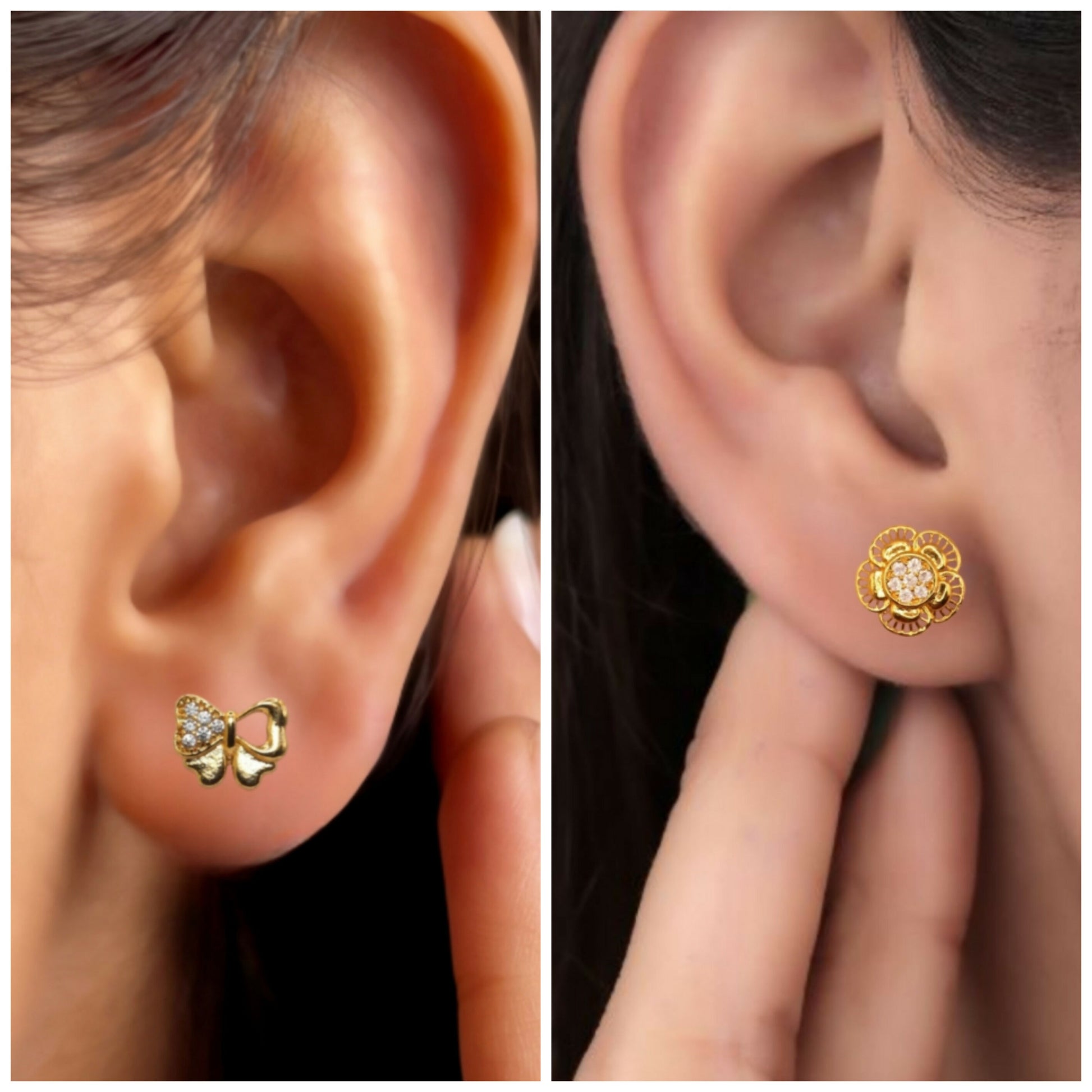 Gold & Diamond Flower & Butterfly Stud Earrings for women & girls Combo Pack of 2