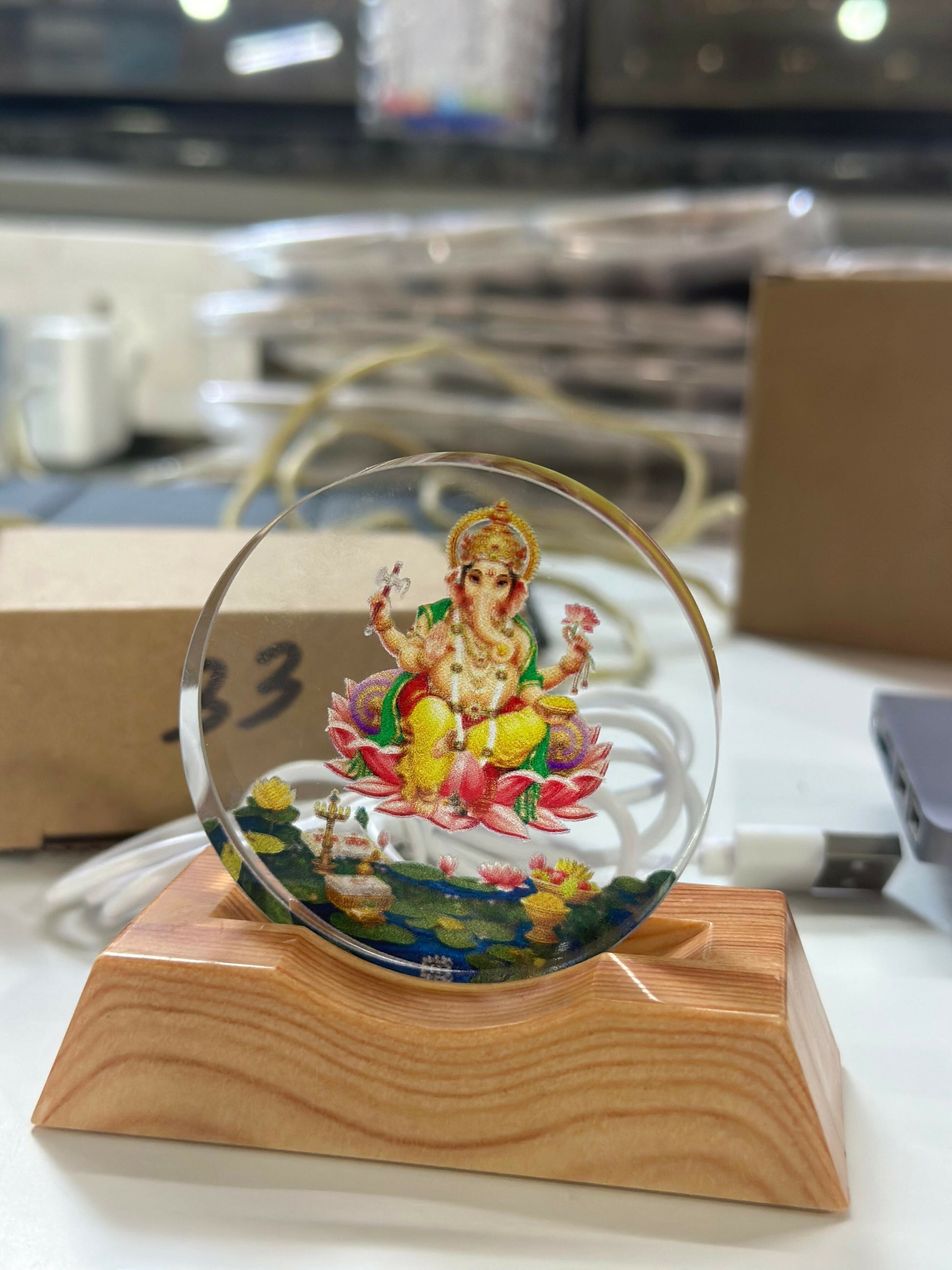 Lord Ganesha Acrylic LED Lamp with Wooden Base | Devotional Night Light