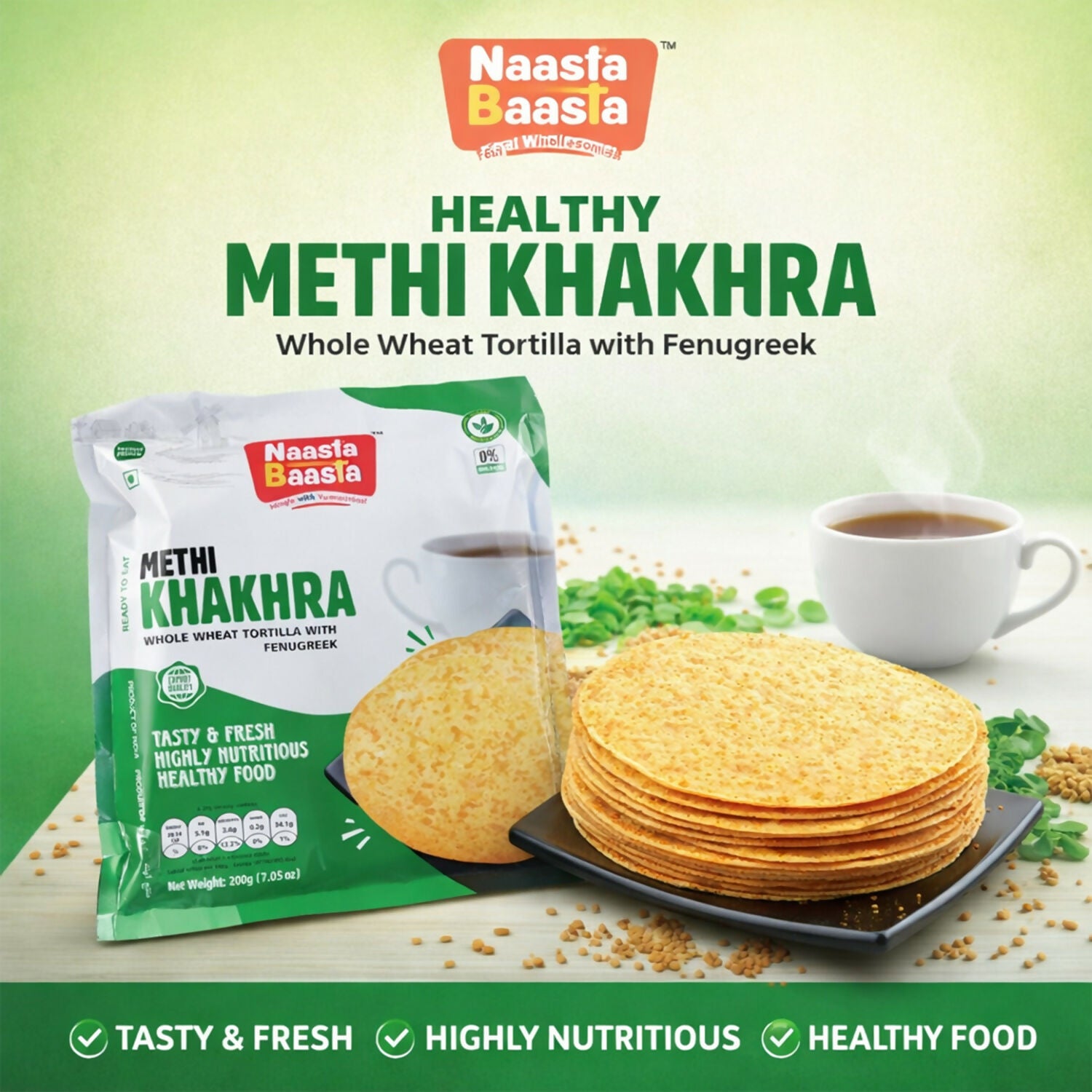 Naasta Baasta Methi Khakhra Healthy Whole Wheat Tortilla with Fenugreek Ready To Eat Tasty & Fresh Snack(200gm)