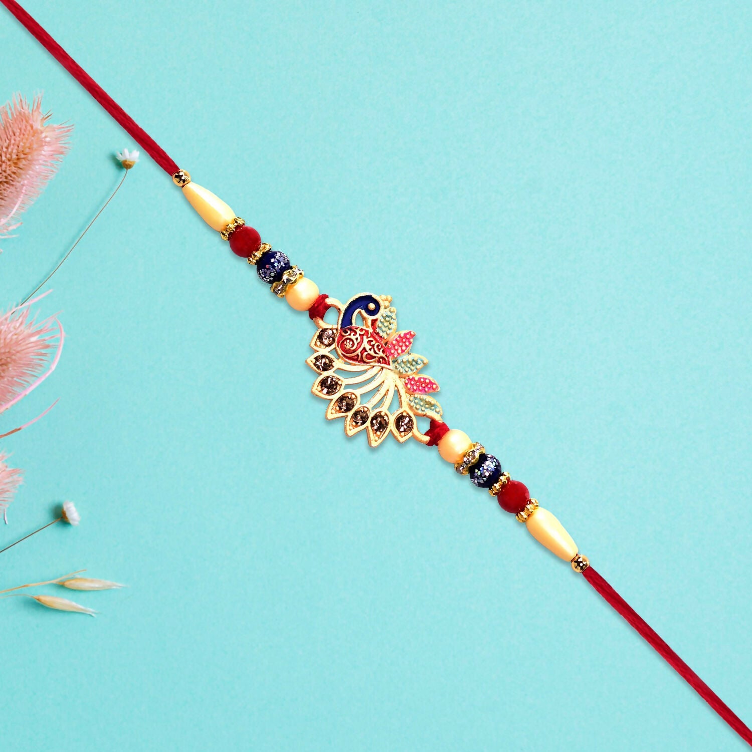 Peacock Rakhi Elegant Stone Detailing with Red Thread (5pcs)