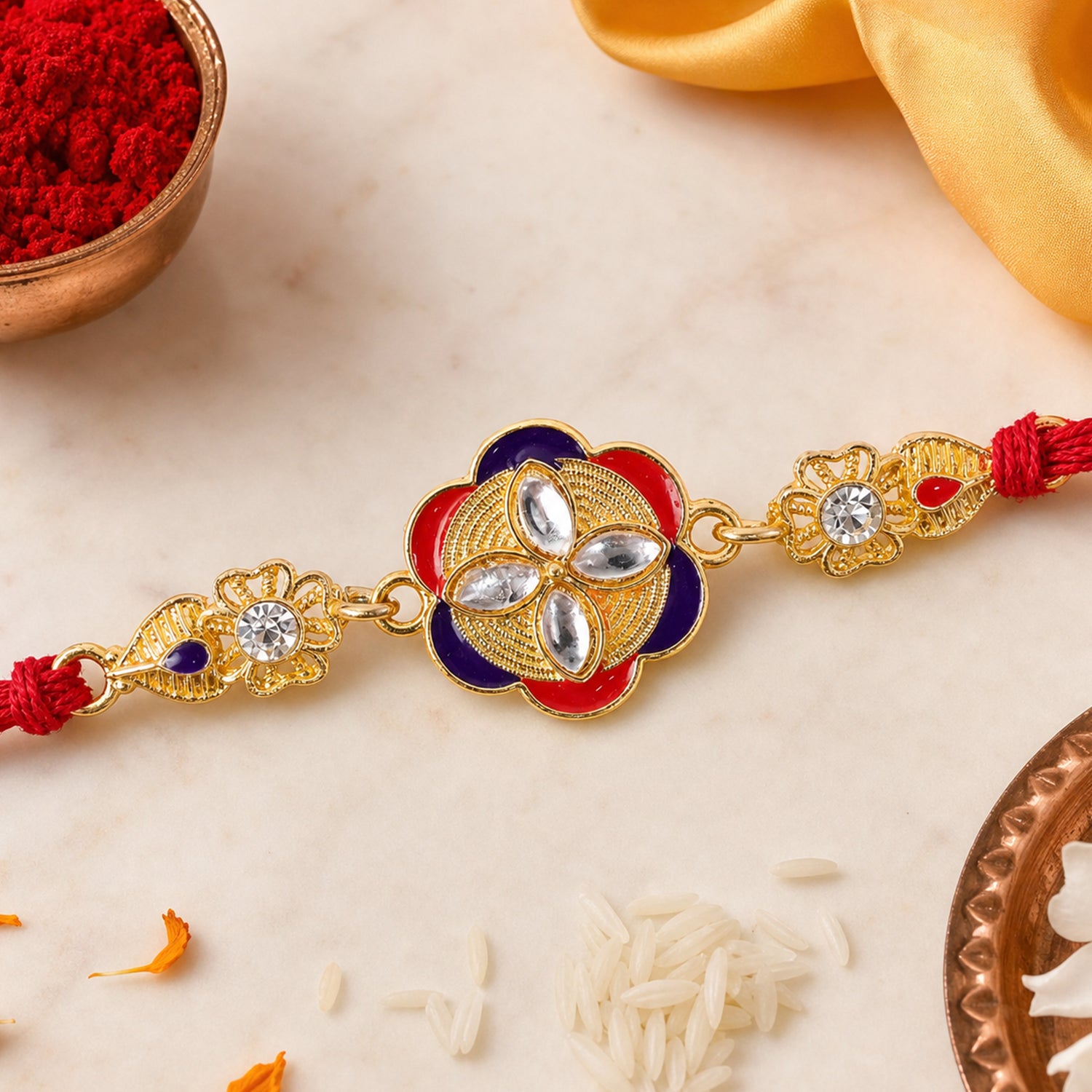 Festive Rakhi showcasing Decorative Rosette, pearl accents and bead line for Gifting