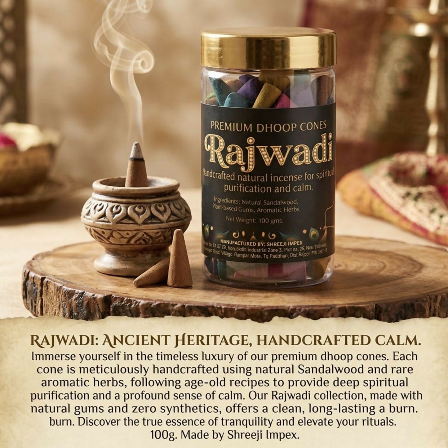 Pack of Rajwadi Natural Dhoop Cones with box packaging