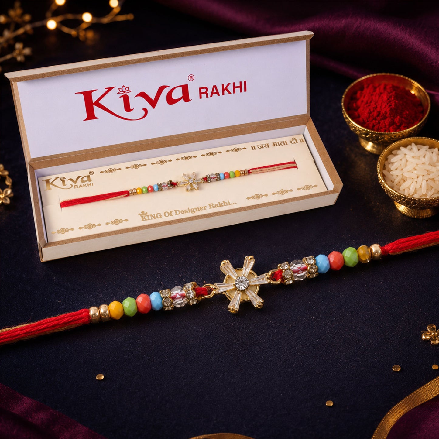 Snowflake AD Stone Designer Rakhi for Brother, Multicolour Beads Gift