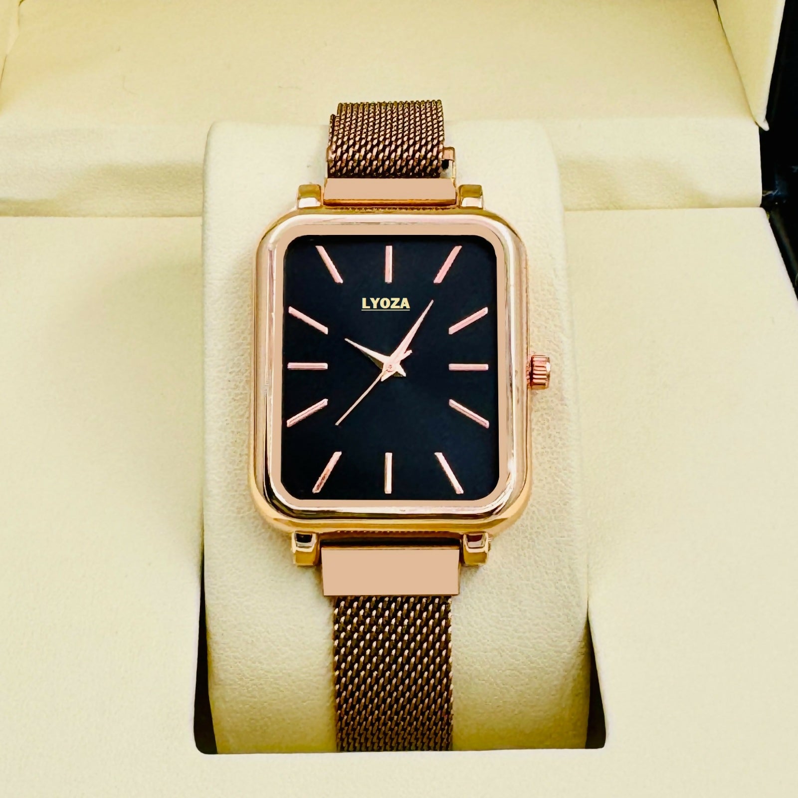 Gold Square Analog Watch with Mesh Strap