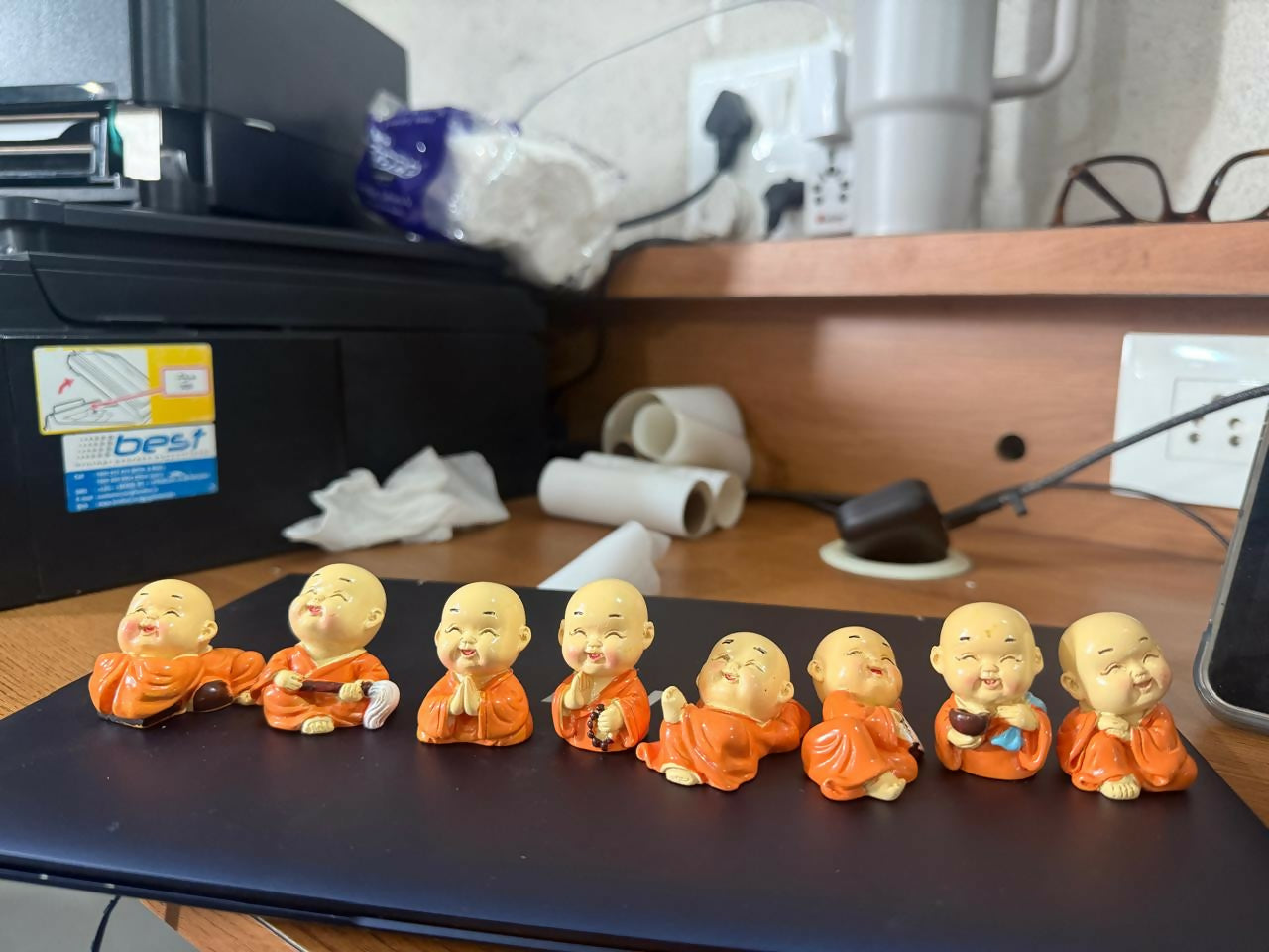 Mini Laughing Monk Figurines Set Of 8 for Home Decor, Office Desk & Gifting