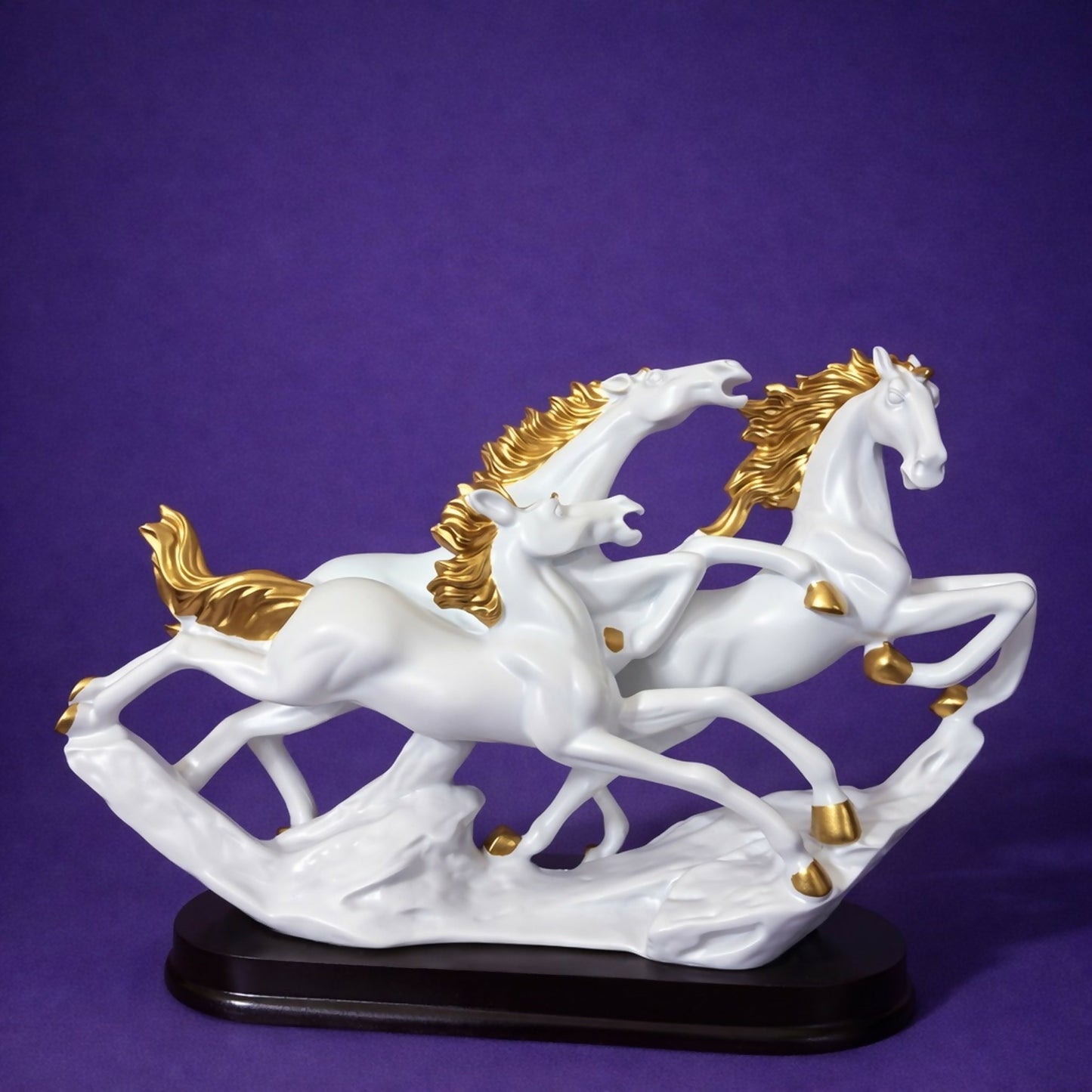 Three Running Horses Showpiece for Home Decor | White & Gold Finish