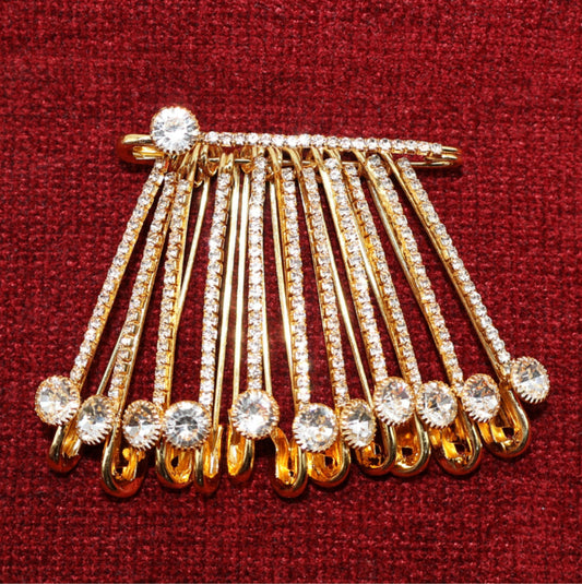 Gold Plated Rhinestone Dangle Saree Pin Brooch - Crystal Accent Clip