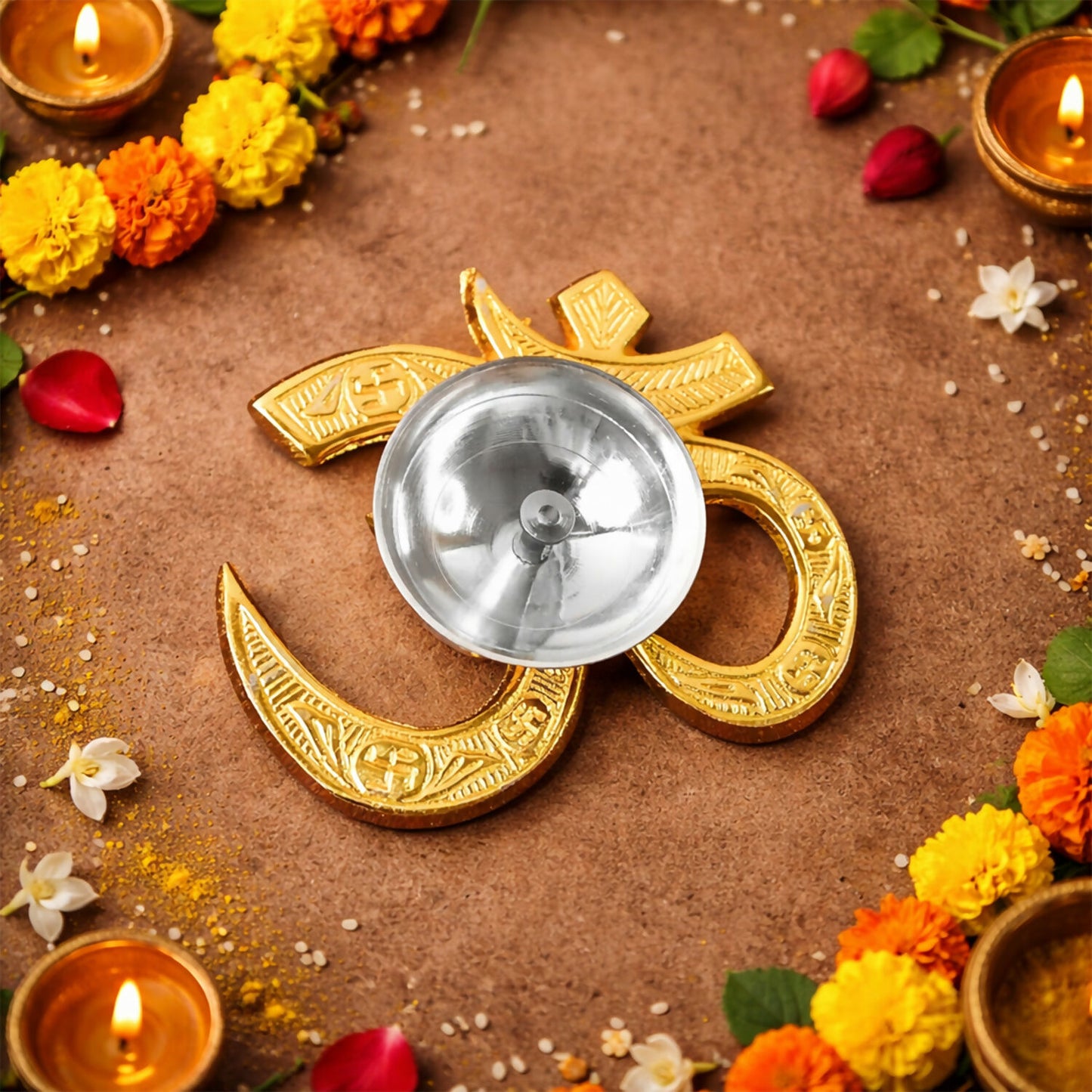 Golden OM Symbol Diya Holder for Pooja and Festival Decoration