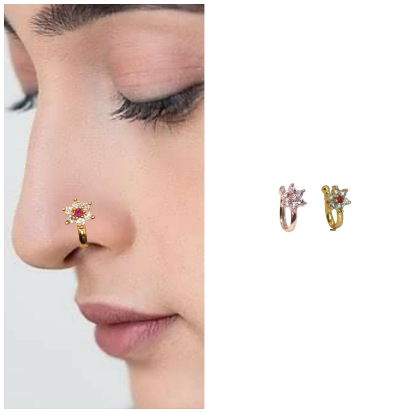 Non-piercing nose ring traditional CZ flower design with ruby-colored center