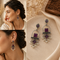 Elegant Oxidized Silver Purple Stone Dangle Earrings with Pearl Accents