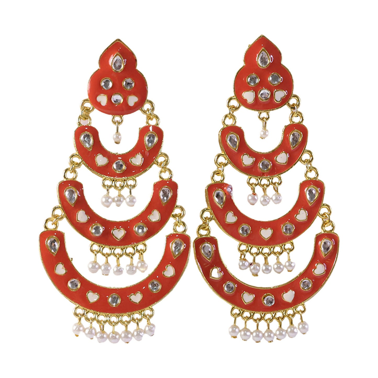 Peach Chandbali earrings showcasing gold-tone link work