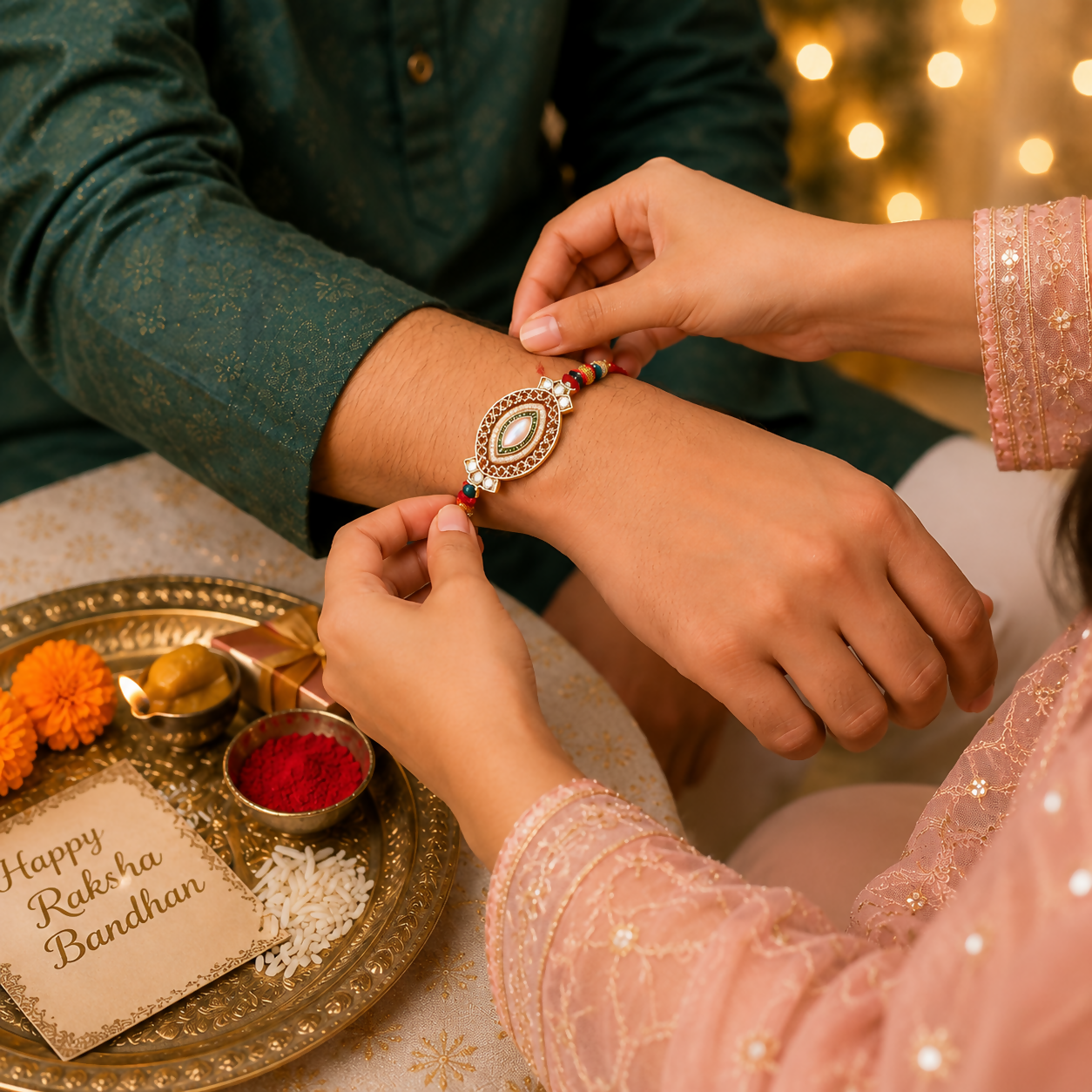 Hands tie a decorative bracelet with a central oval stone and colorful beads onto a man's wrist, with a tray of festive