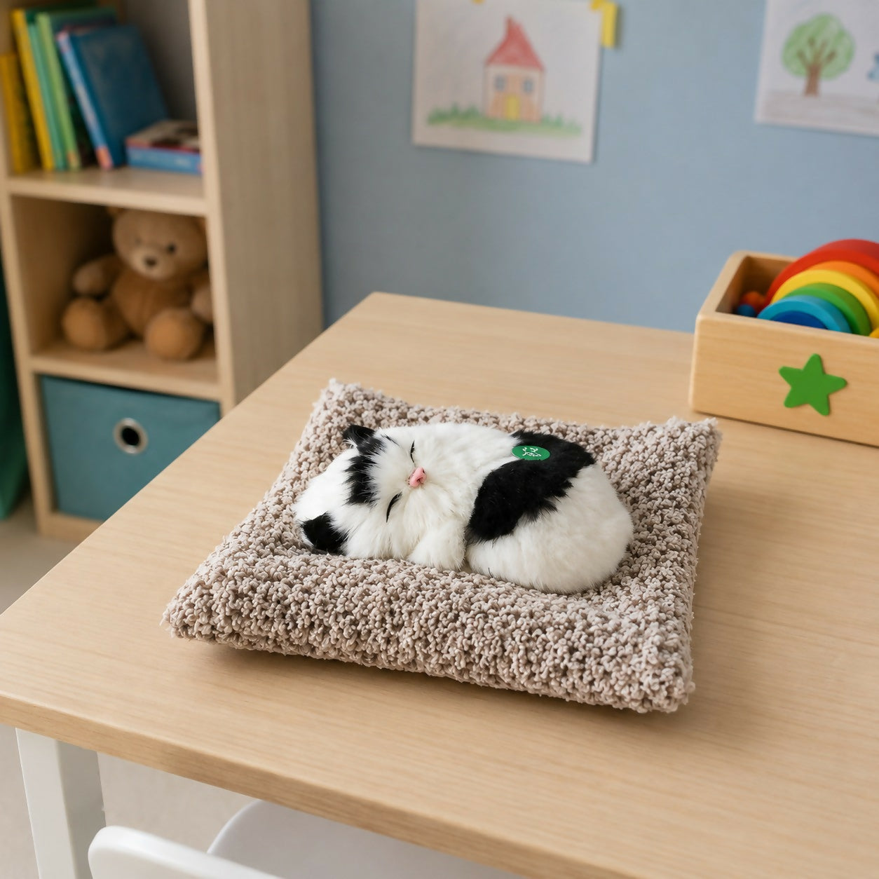 Close-up of sleeping cat plush toy details
