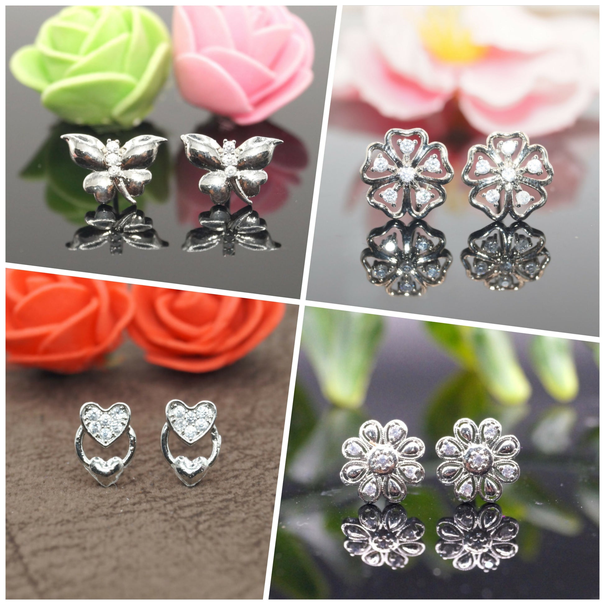 Silver plated floral and butterfly stud earring set with shimmering Cubic Zirconia