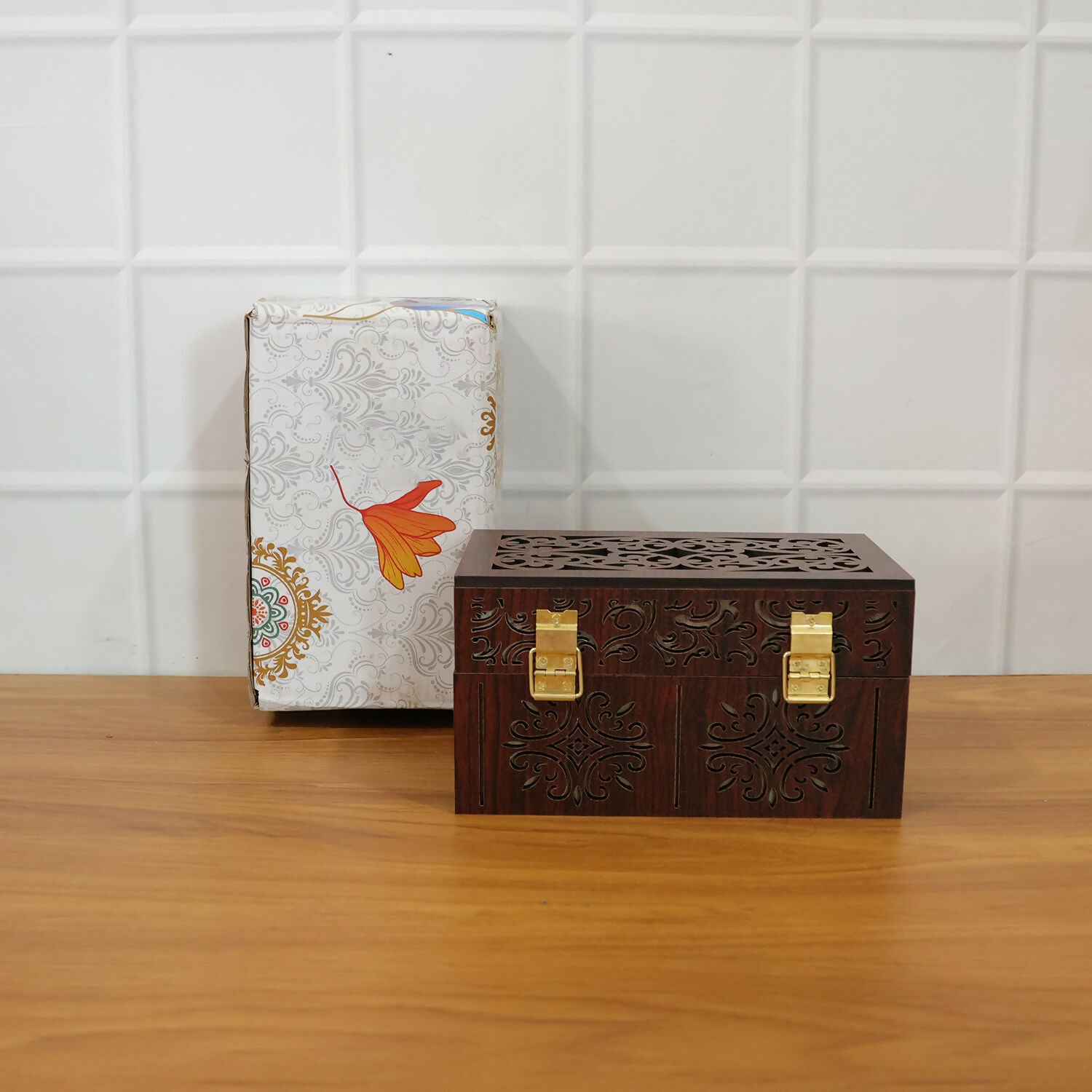 Rustic vintage wooden gift box with dual airtight glass jars placed on a kitchen counter