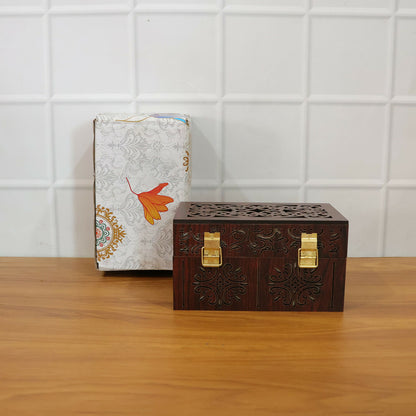 Rustic vintage wooden gift box with dual airtight glass jars placed on a kitchen counter
