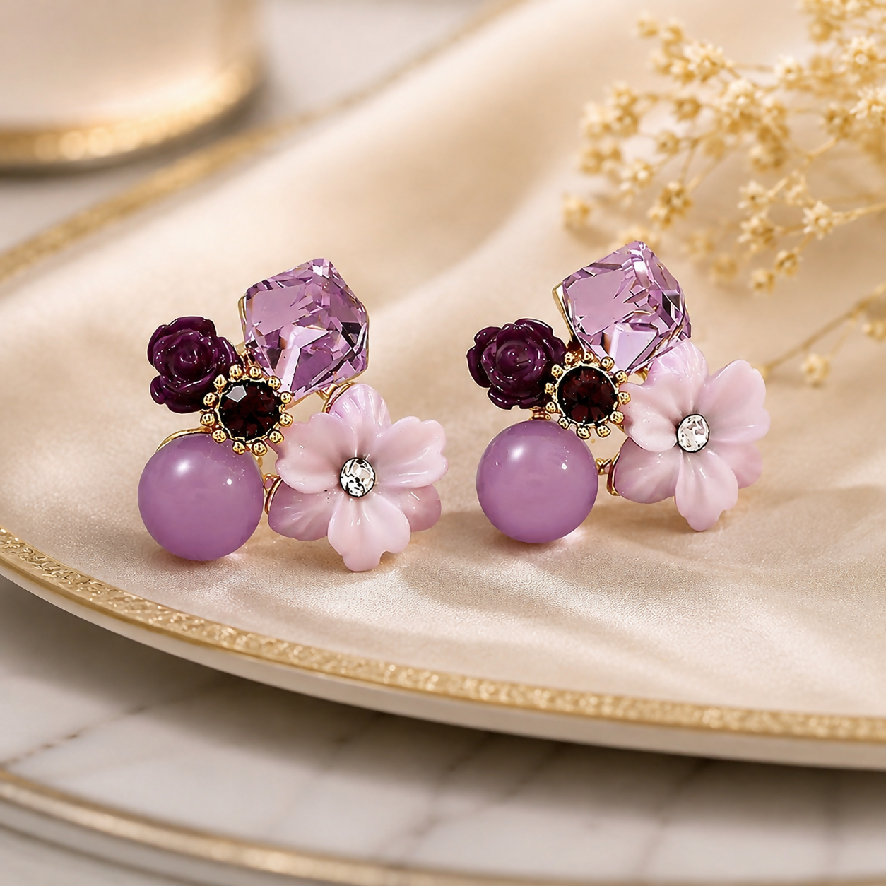 Premium Korean Floral Crystal Stud Earrings for Women Purple Flower