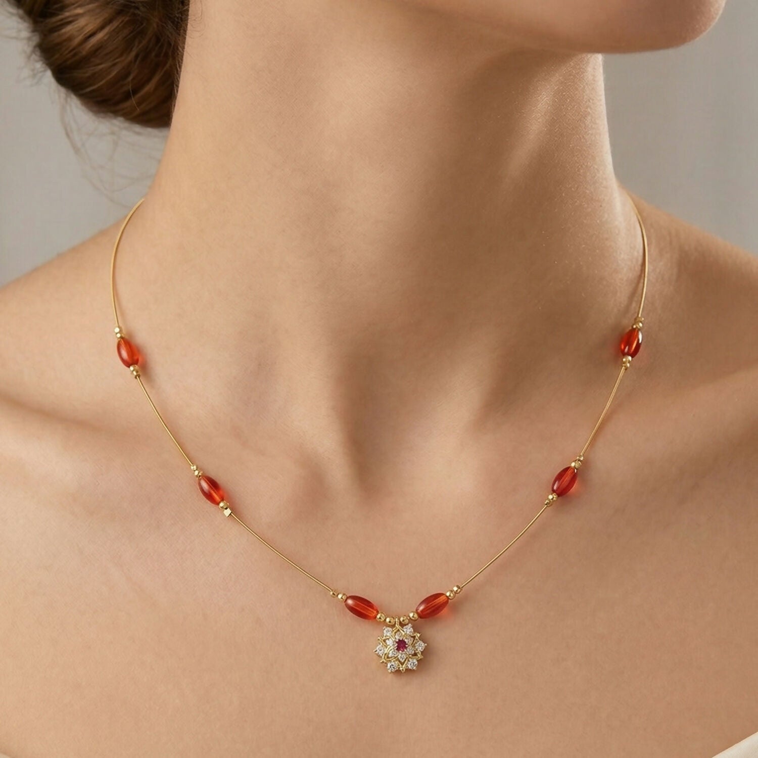 Multicolor Bead Gold Necklace with Elegant Floral Pendant (3Pc/Set)