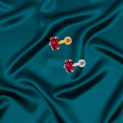Silver plated Ruby Red Crystal Nosepin Stud showing faceted gemstone