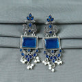 Oxidised Silver Peacock Earrings with Royal Blue Stones and Pearl Drops for Women