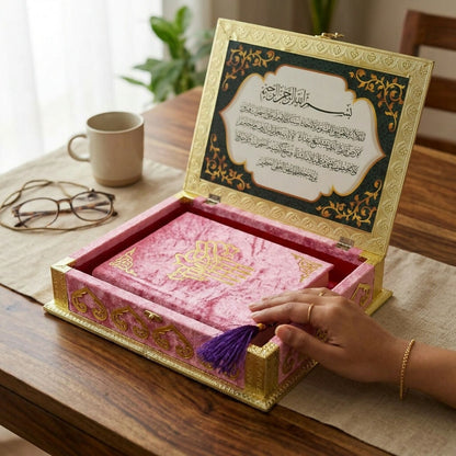 Luxury Velvet Quran Box with dual-function folding Rehal book stand in use
