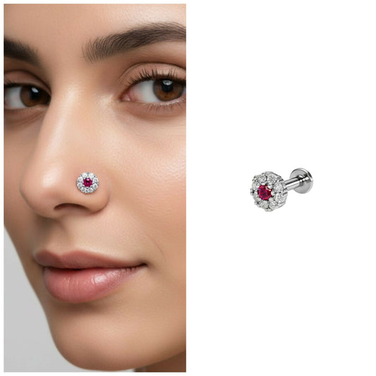 Ruby Floral Halo Nose Pin Silver plated Labret Stud Piercing for women and girls