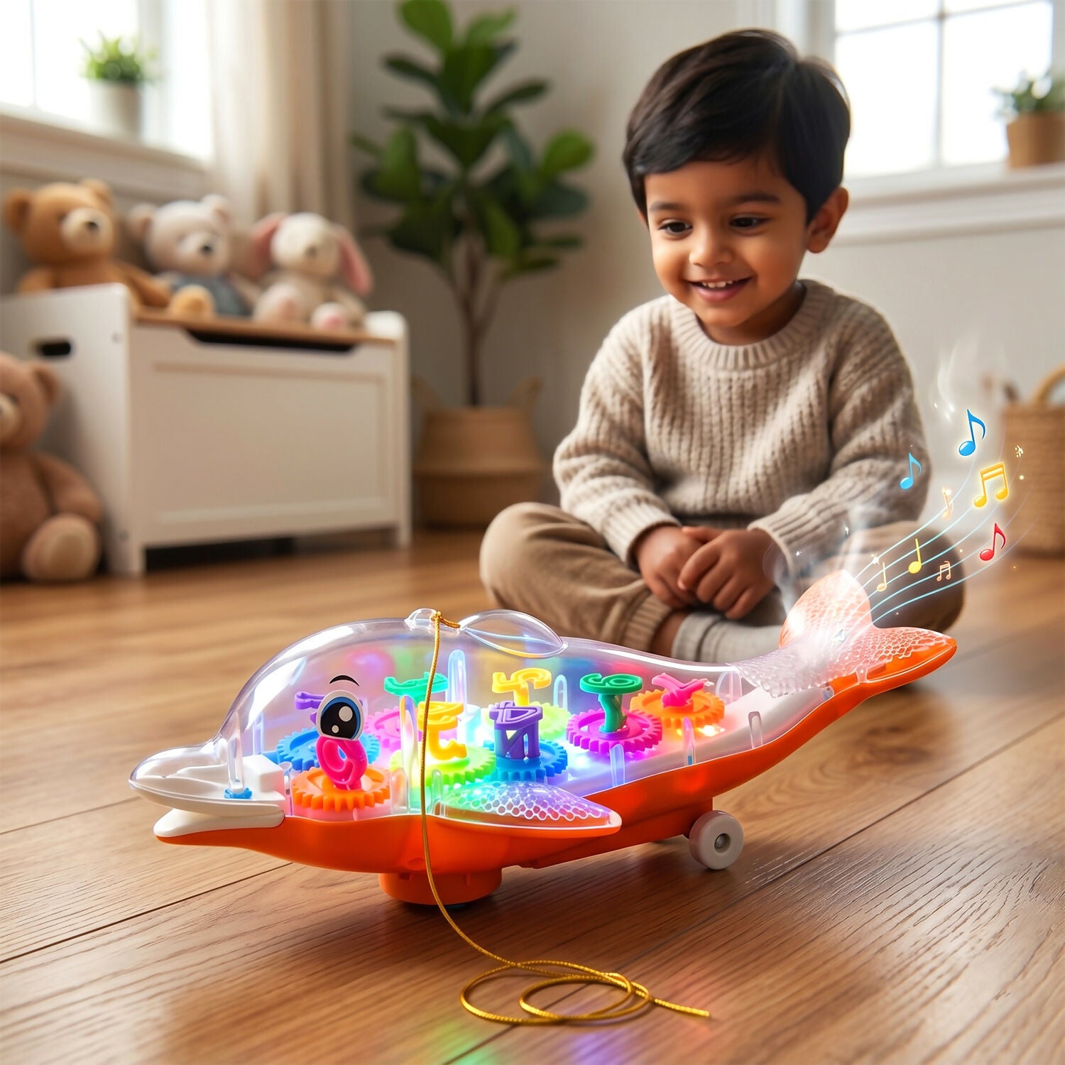 Pull string on musical light-up dolphin gear toy for kids
