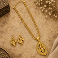 Golden-Tone Krishna Pendant Necklace Set with Multi-Strand Beaded Chain & Earrings