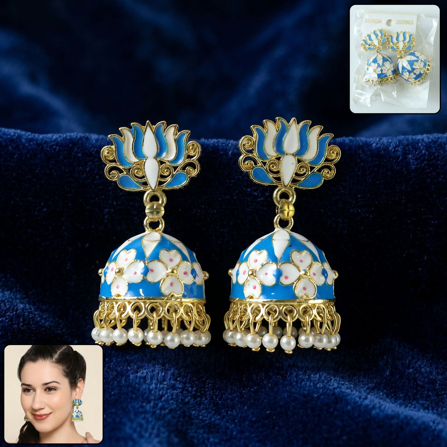 Designer Blue Lotus Jhumka Earrings with Pearls for Women