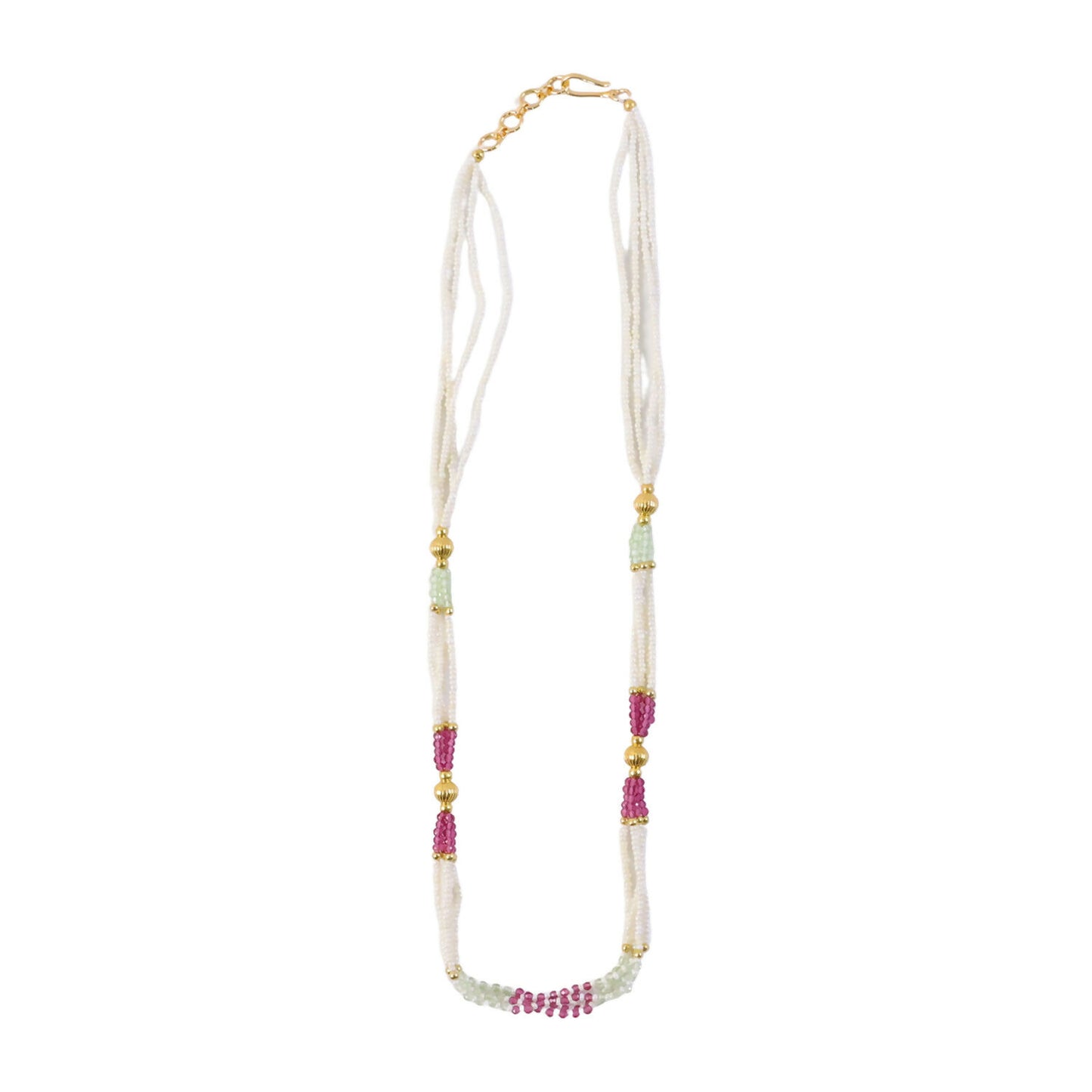 Layered pearl mala necklace displayed on white background for elegant appeal