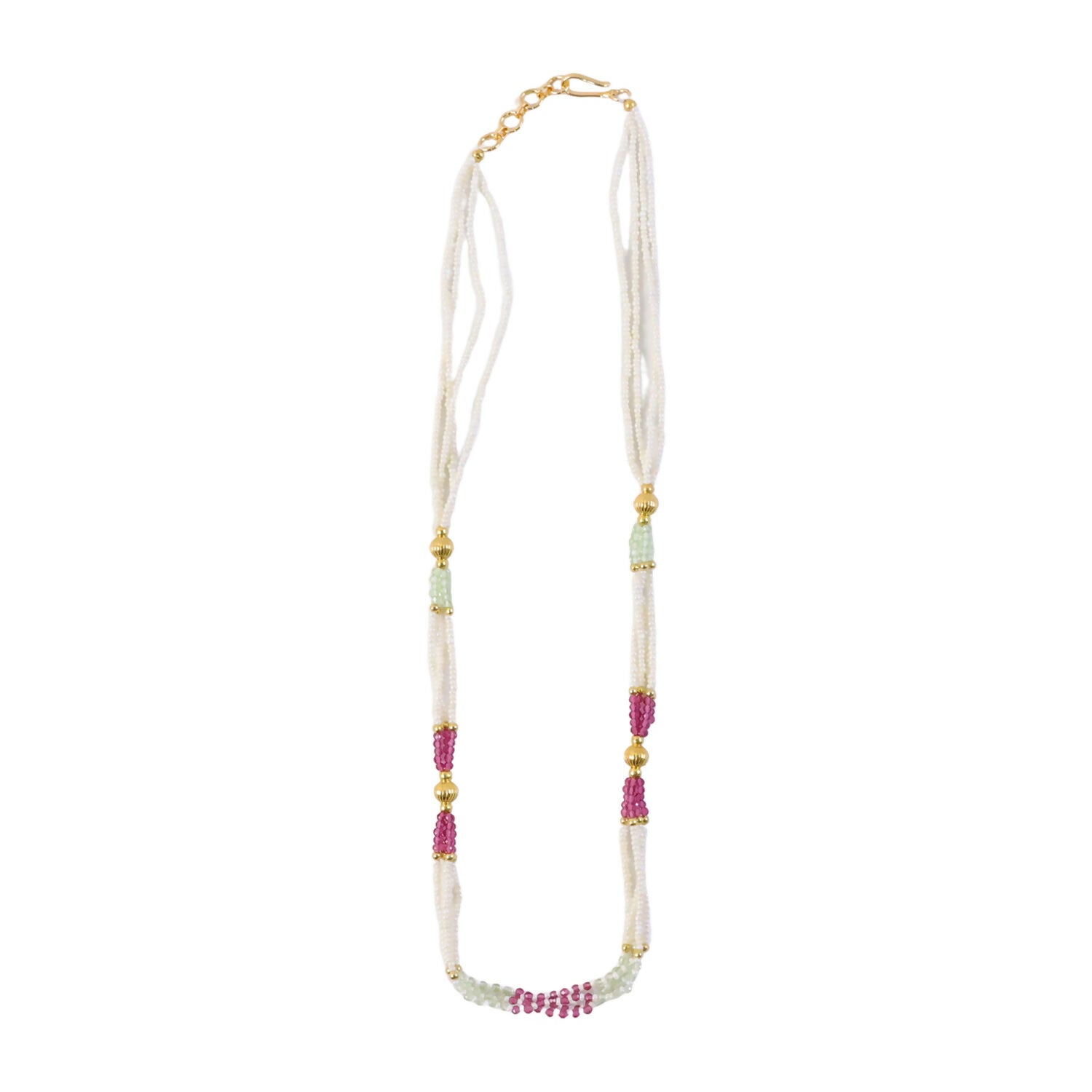 Layered pearl mala necklace displayed on white background for elegant appeal