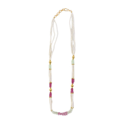 Layered pearl mala necklace displayed on white background for elegant appeal
