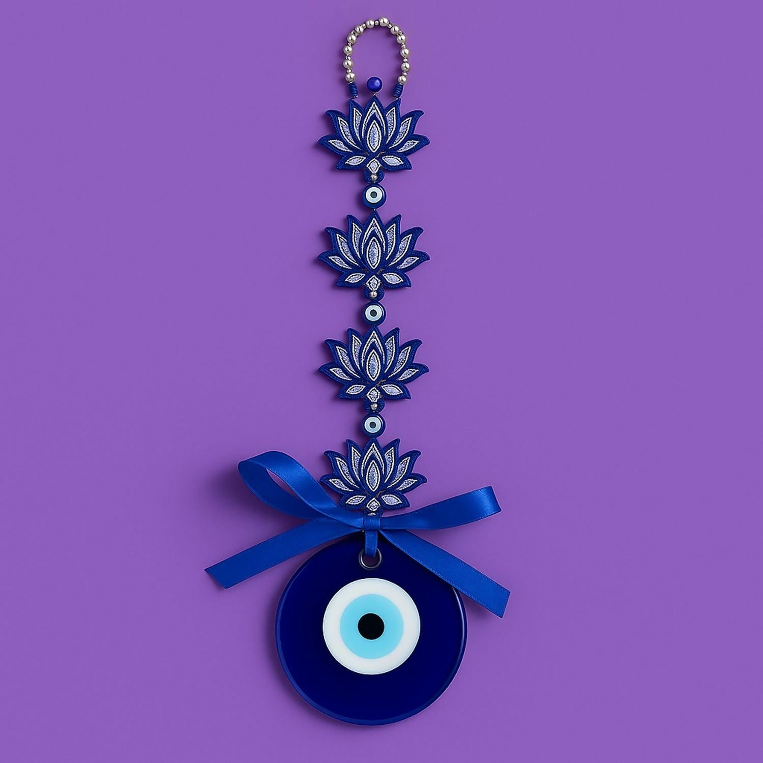 Evil Eye Wall Hanging with Blue Lotus & Om Design – Nazar Battu Hanging for Home, Office & Car Décor, Protection Symbol with Decorative Ribbon, Good Luck Charm, Gift Item (Blue)