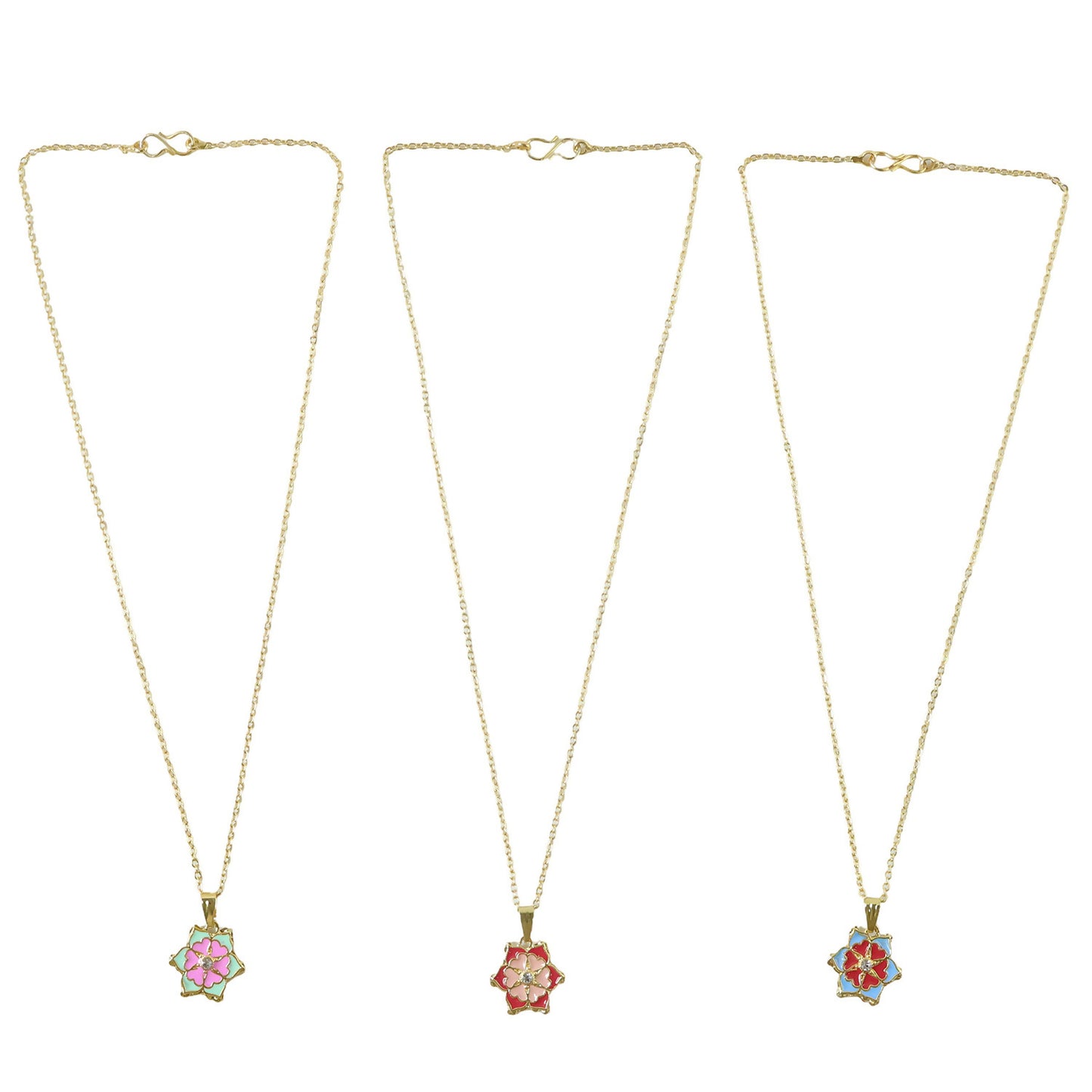 Elegant Floral Gold Pendant Necklaces with Colorful Enamel Design Combo set