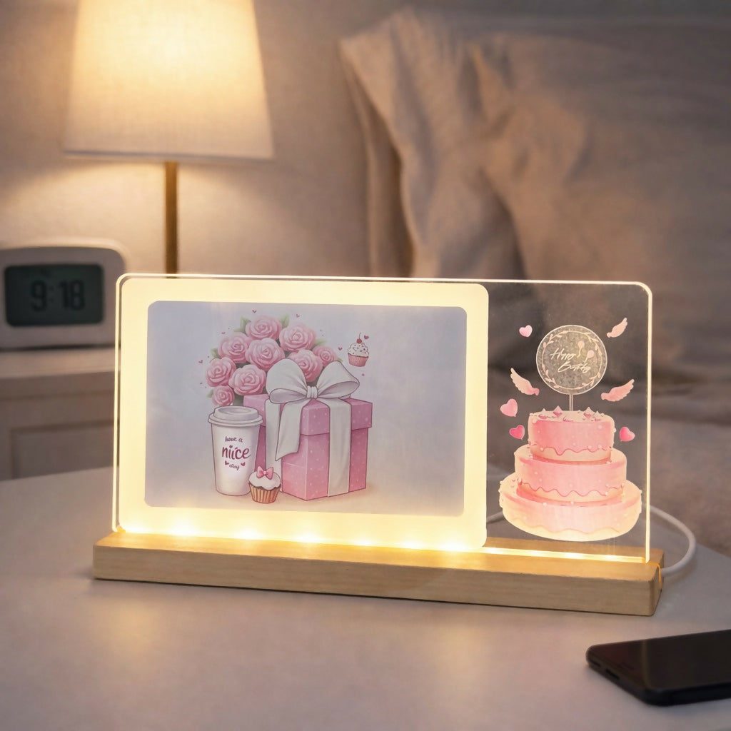 Side view of LED birthday lamp with warm glow and wooden base