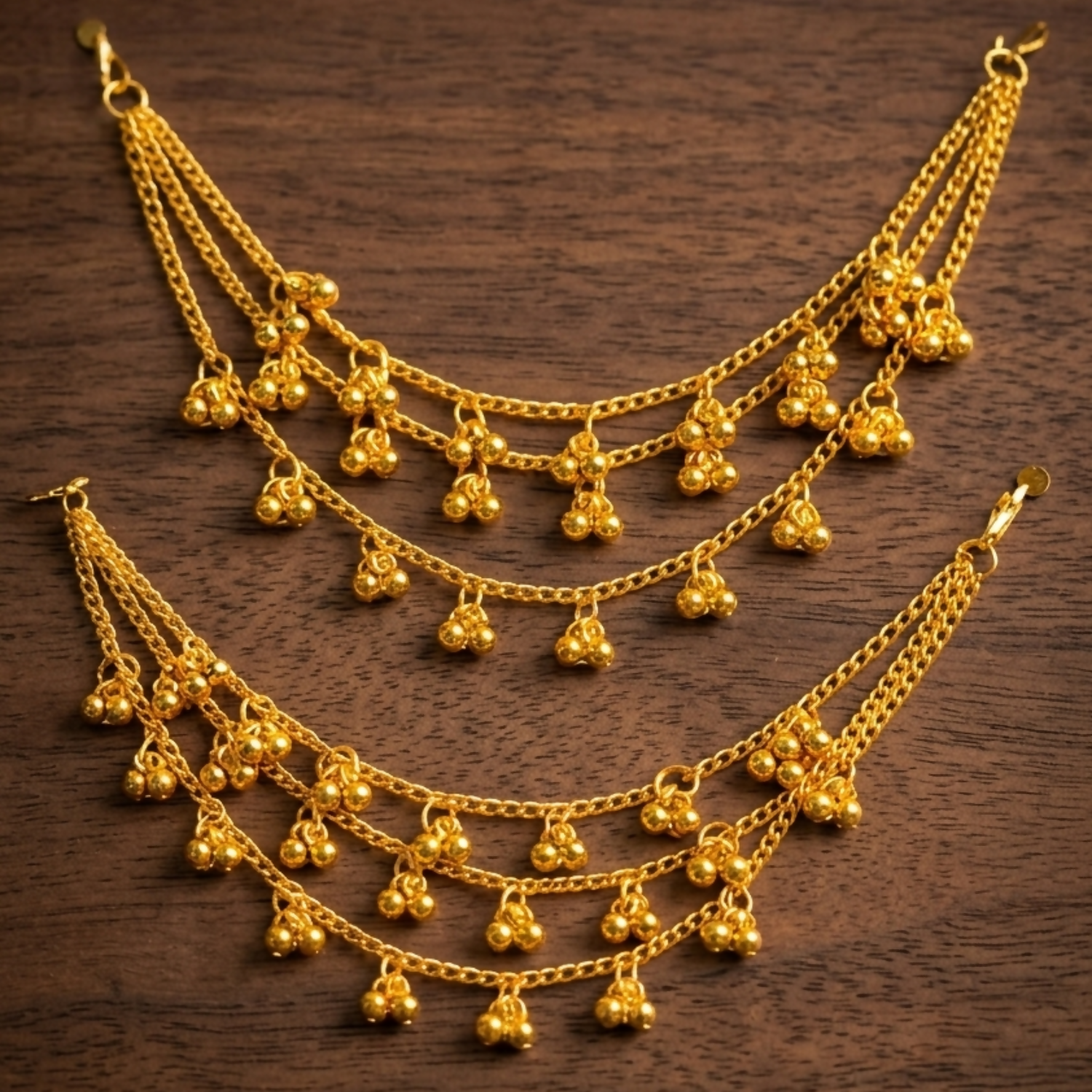 Traditional Gold-Tone Layered Anklet Set Festive Wear Dangling Charm Anklet Pair