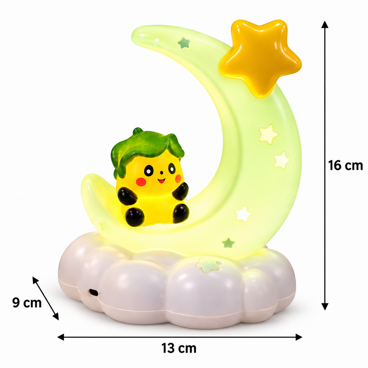 A green crescent moon night light with a character and star, displaying its dimensions of 16cm height, 13cm width, and 9cm