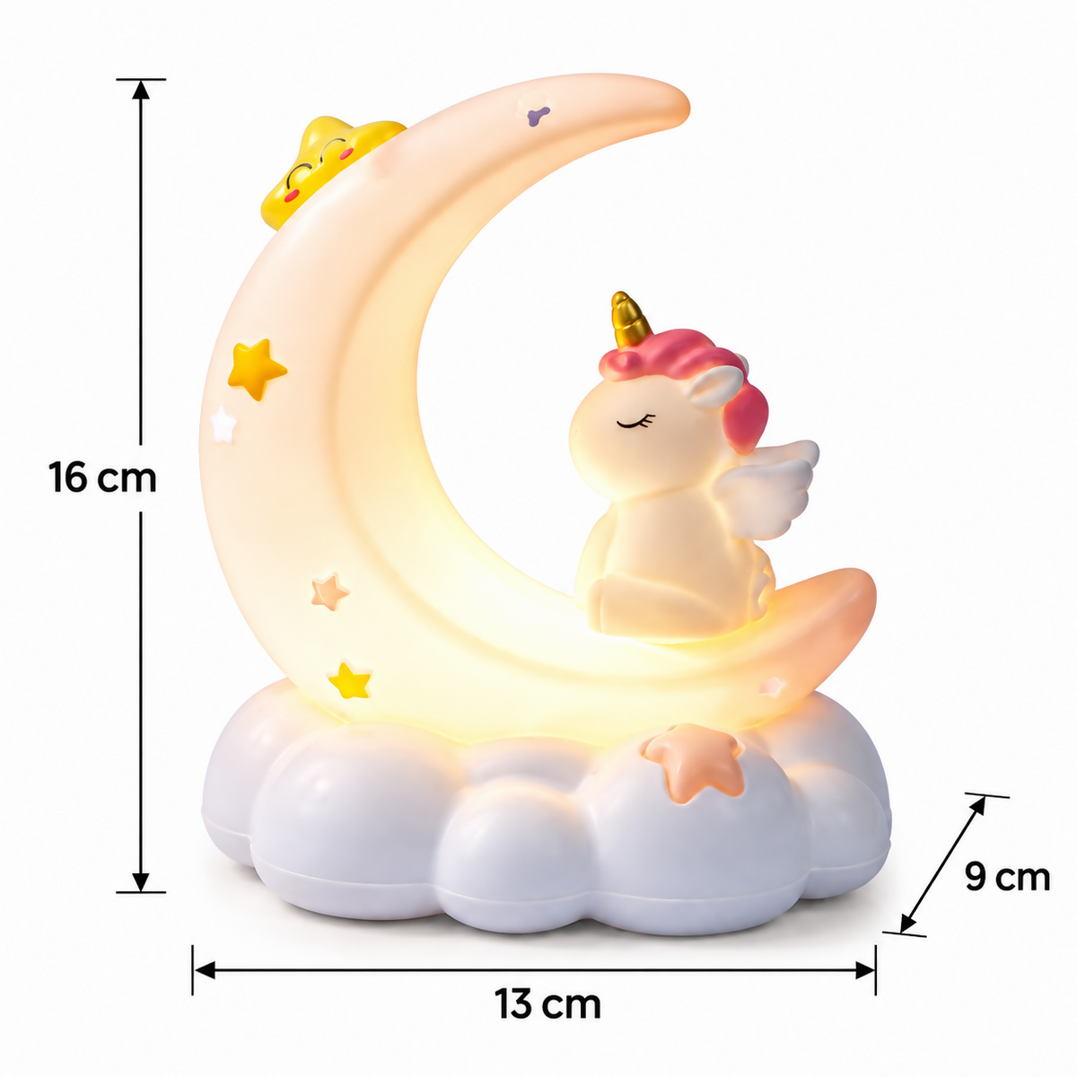 A white unicorn crescent moon night light with measurements of 16 cm height and 13 cm width.