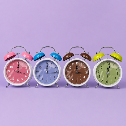 Vintage twin bell alarm clock on a wooden desk with plants