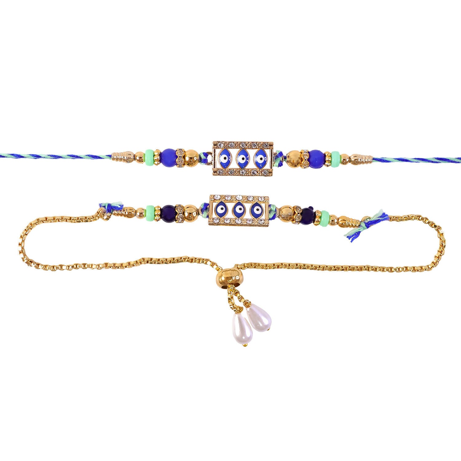 Two blue and gold evil eye rakhis, one a bracelet, with a white background.