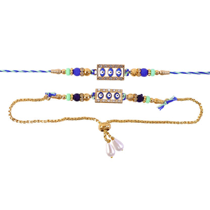 Two blue and gold evil eye rakhis, one a bracelet, with a white background.