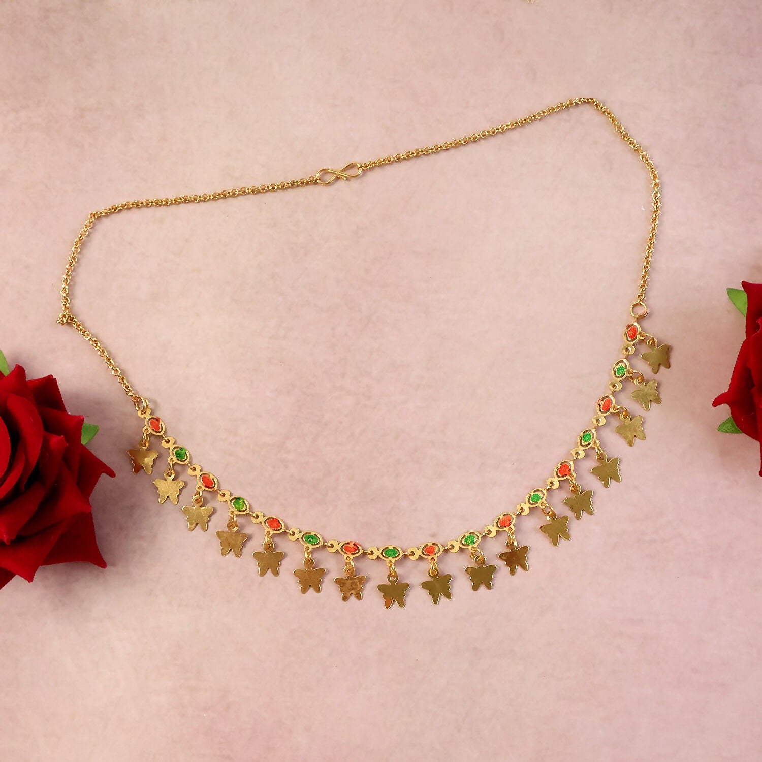 Gold Charm Necklace with Colorful Stones & Butterfly Drops