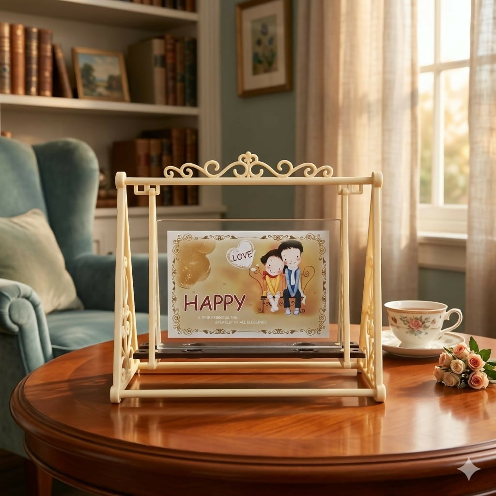 Dual-sided photo display in rotating swing frame